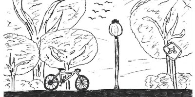 bike against tree in park, there is a light post in center part of image. there is a sign with a bike on it, ten birds flying in the air, and trees and bushes.